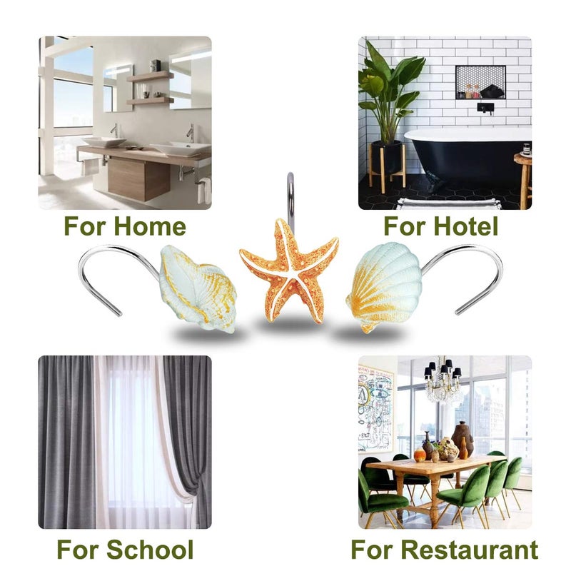 Yapicoco 12PCS Shower Curtain Hooks Rings for Bathroom, Fashion Ocean Beach Theme Home Decor Shower Curtain Hooks (Seashell: Light Brown, Starfish: Tan, Conch: Light Brown) - Image 3